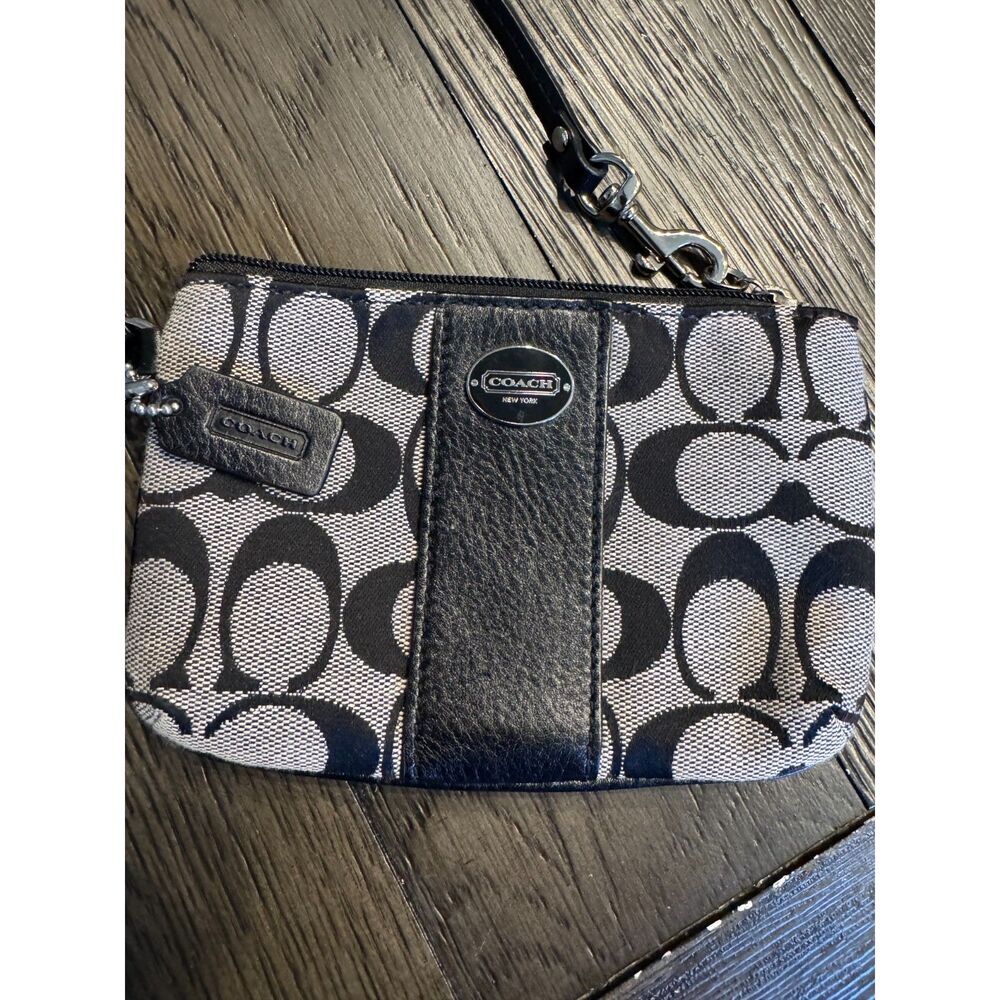Coach Signature Black Gray Canvas Wristlet Zip Pouch Clutch Purse Leather